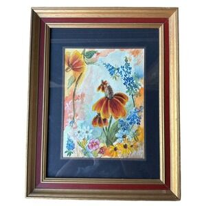 VTG Original Watercolor Painting 19x15 Inch Canvas Still Life Wild Flowers Frame